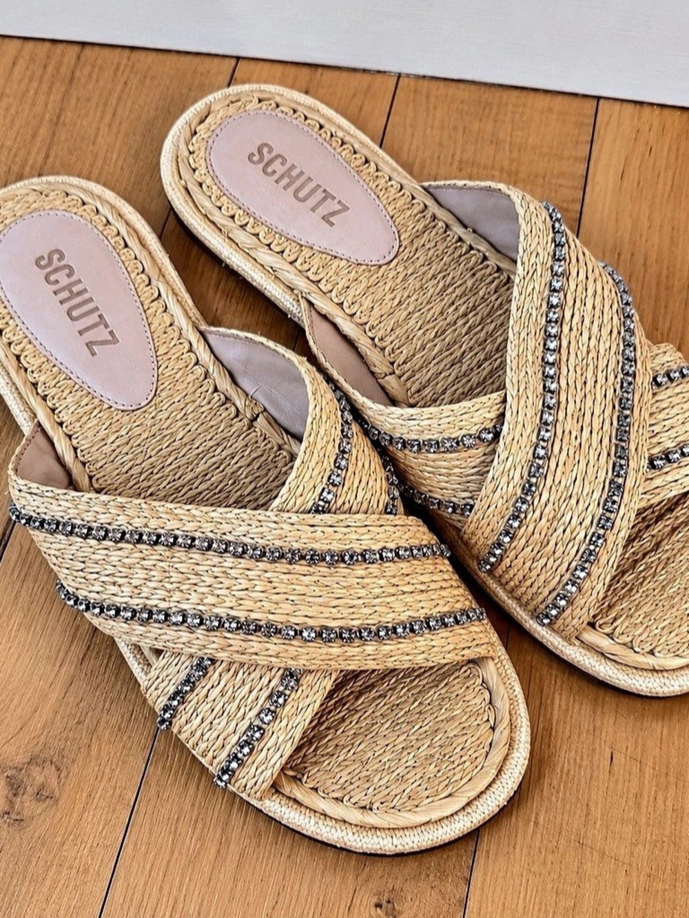 Schutz Raffia Rhinestone Slide Sandals Size 7